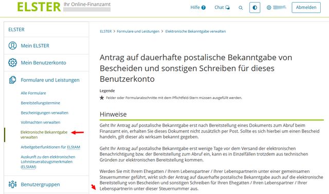 Elster: Zustellung ändern Elster: Zustellung ändern