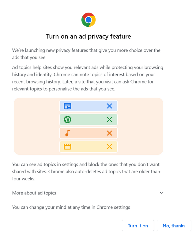 Chrome's ad privacy popup